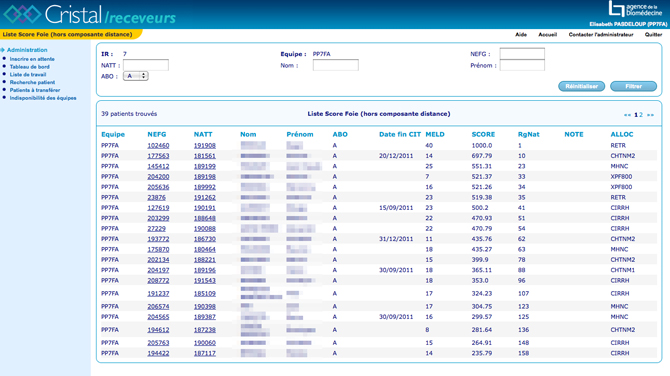 Ecran du Logiciel Cristal : Liste des patients en attente de greffe pour un centre